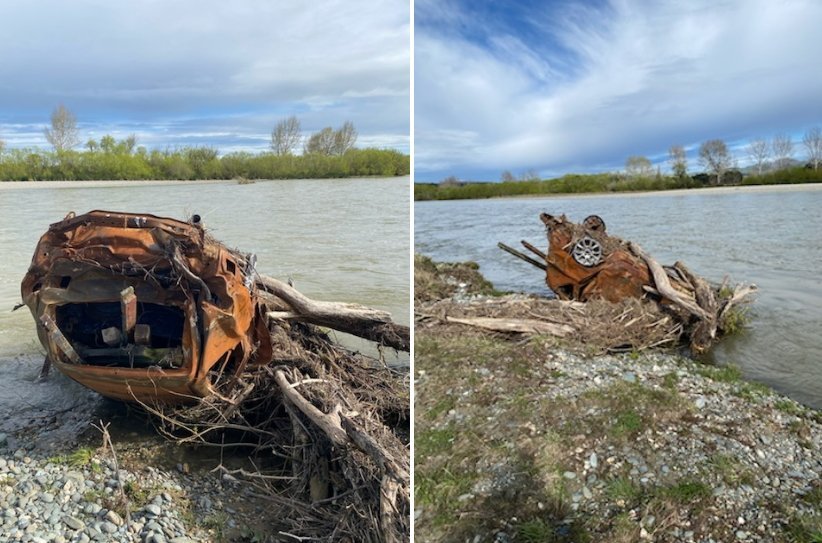 A car that had washed down the Mataura River had to be salvaged by Environment Southland. Photo:...