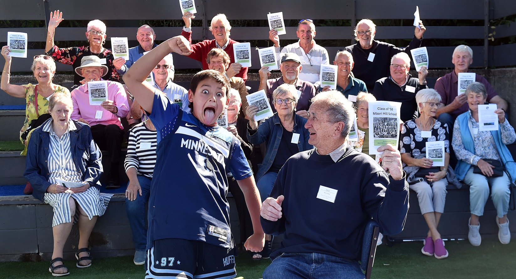 Maori Hill School kapa haka kaea (leader) Mackay Blaikie, 10, welcomes the class of 1958,...