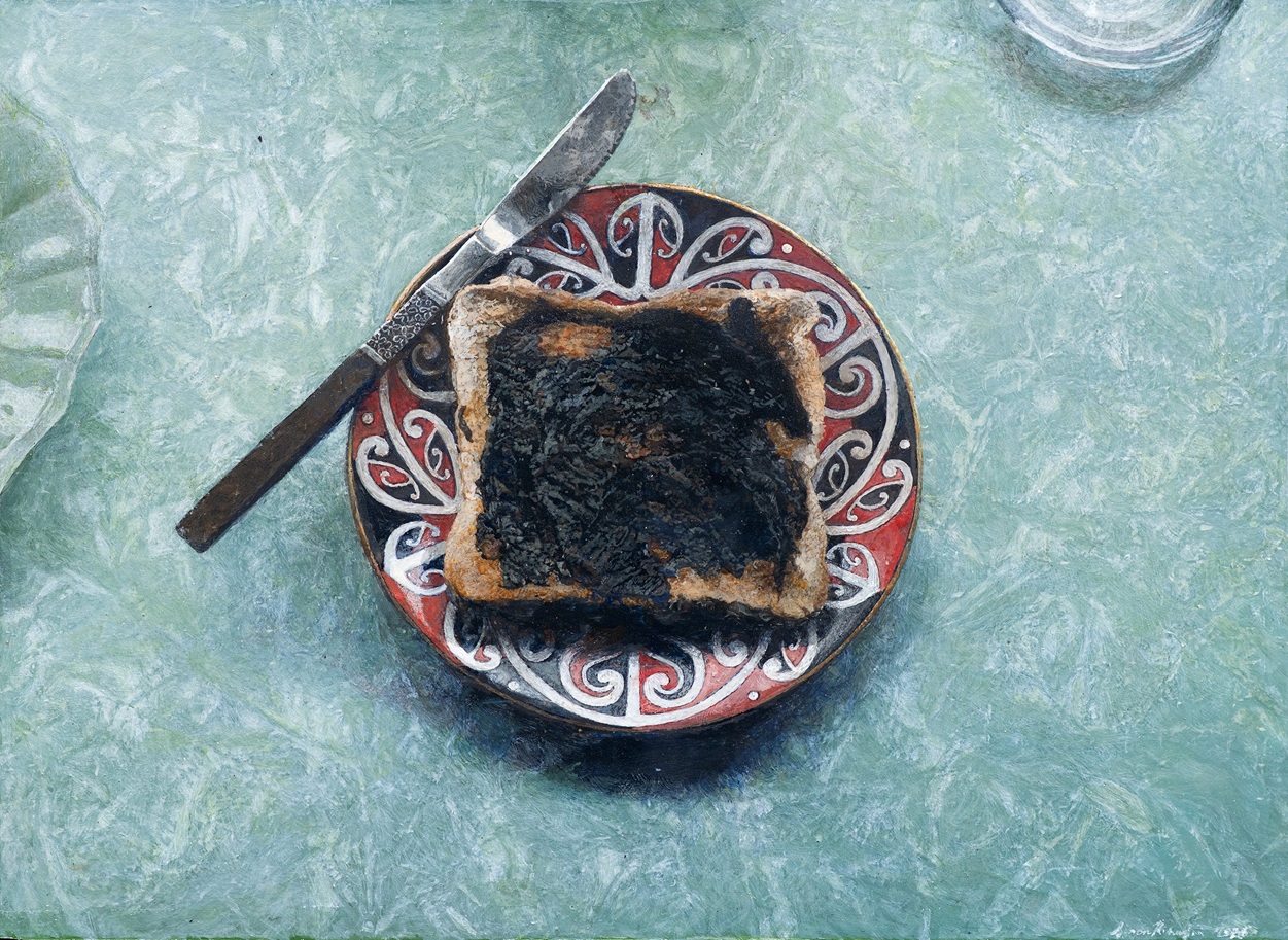 Marmite on Toast with Green Formica, by Simon Richardson, oil paint and egg tempera on panel, now...