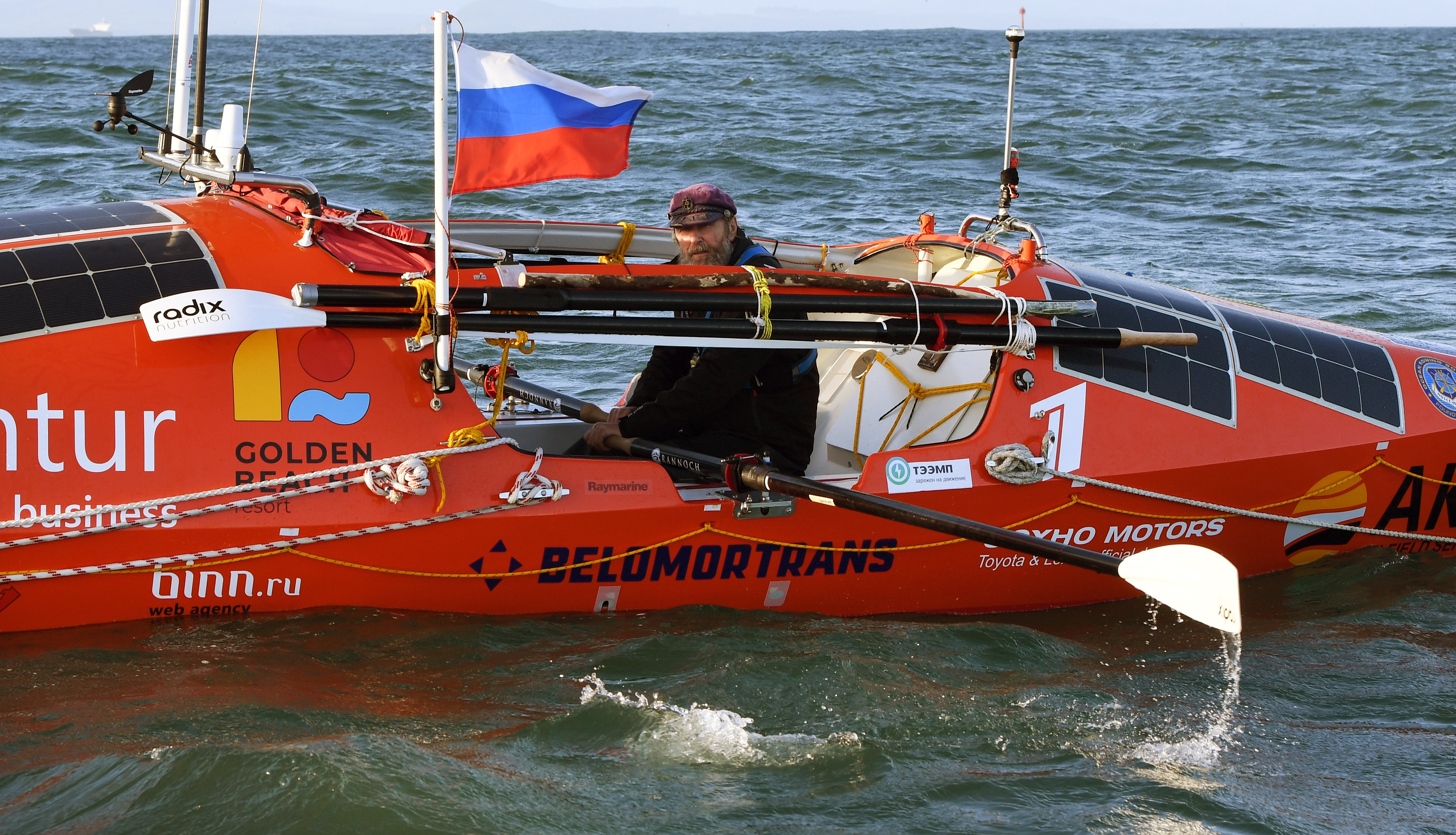 Russian adventurer and rower Fedor Konyukhov aboard his rowboat, Akros, which he is using in an...