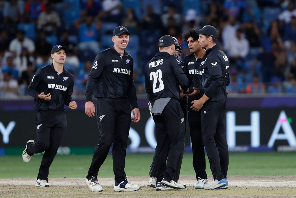 The Black Caps celebrate a Rachin Ravindra wicket in the Champions Trophy final against India...