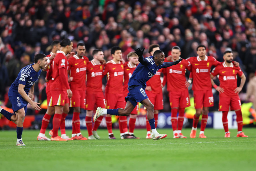 Ousmane Dembele of Paris Saint Germain celebrates as PSG win the penalty shoot out against...