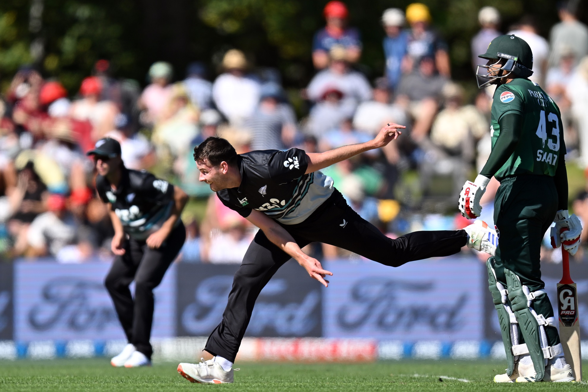 New Zealand seamer Jacob Duffy bowls in the first T20 international against Pakistan in...