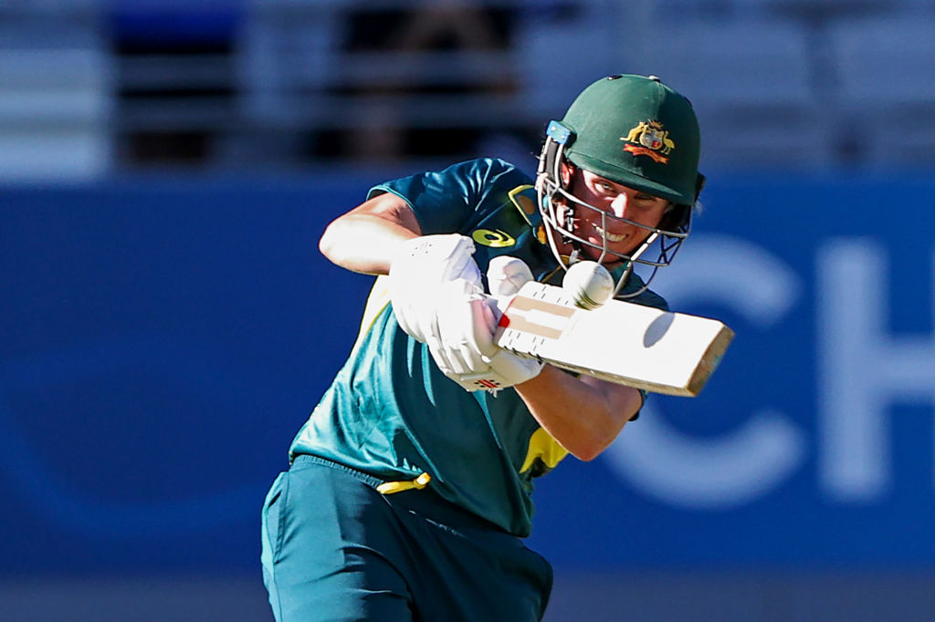 Australia's Beth Mooney hits out on her way to 75 not out against New Zealand at Eden Park in...