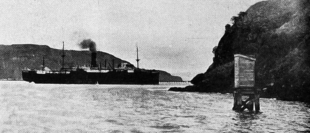 A steamship departs Otago Harbour past Harington Point. — Otago Witness, 13.1.1925 
...