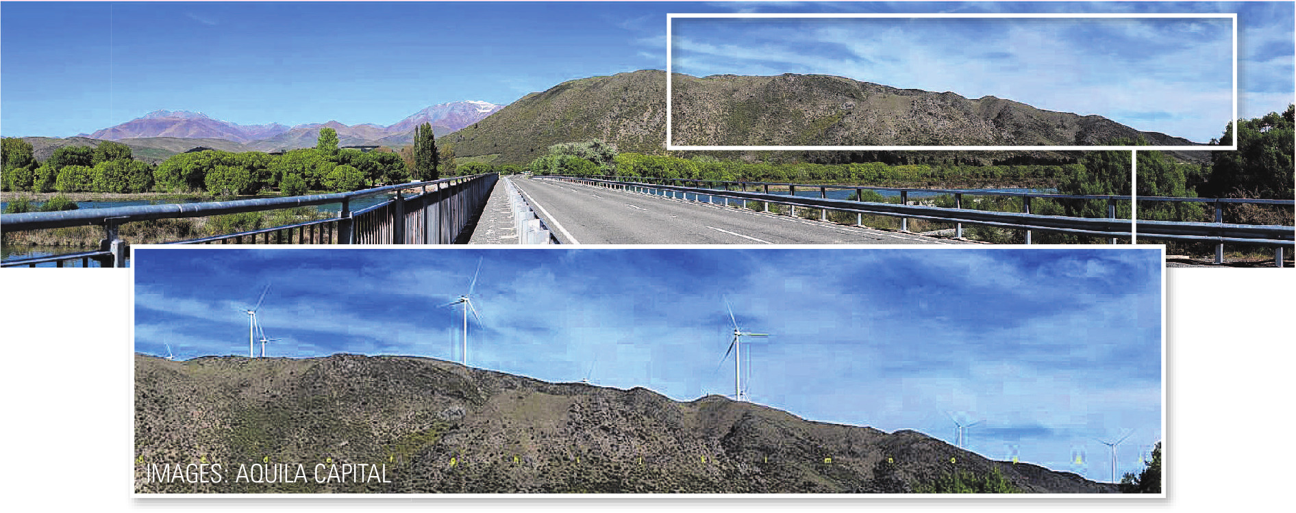 A representation of the proposed windfarm looking across the Waitaki River bridge from the...