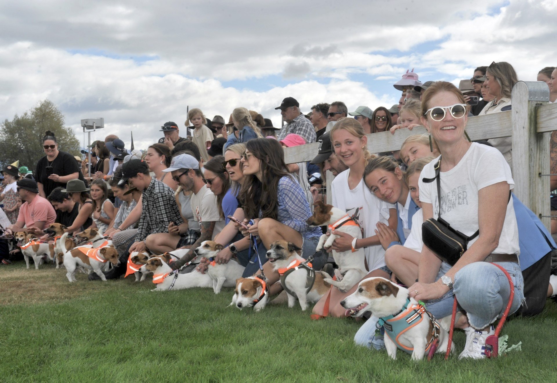 Anxious terriers and owners await the hat drop to start the Jack Russell race at the Wānaka A&P...