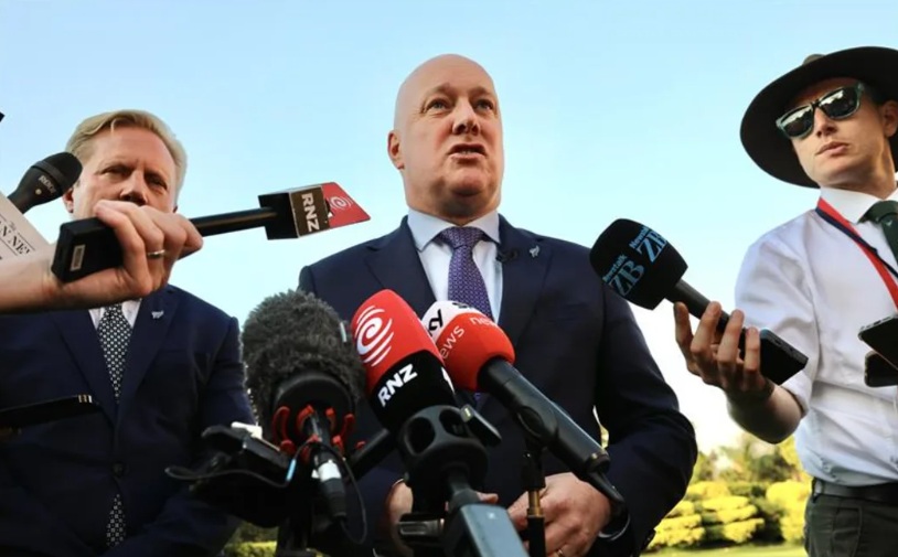 Prime Minister Christopher Luxon speaks with media in New Delhi. Photo: RNZ 