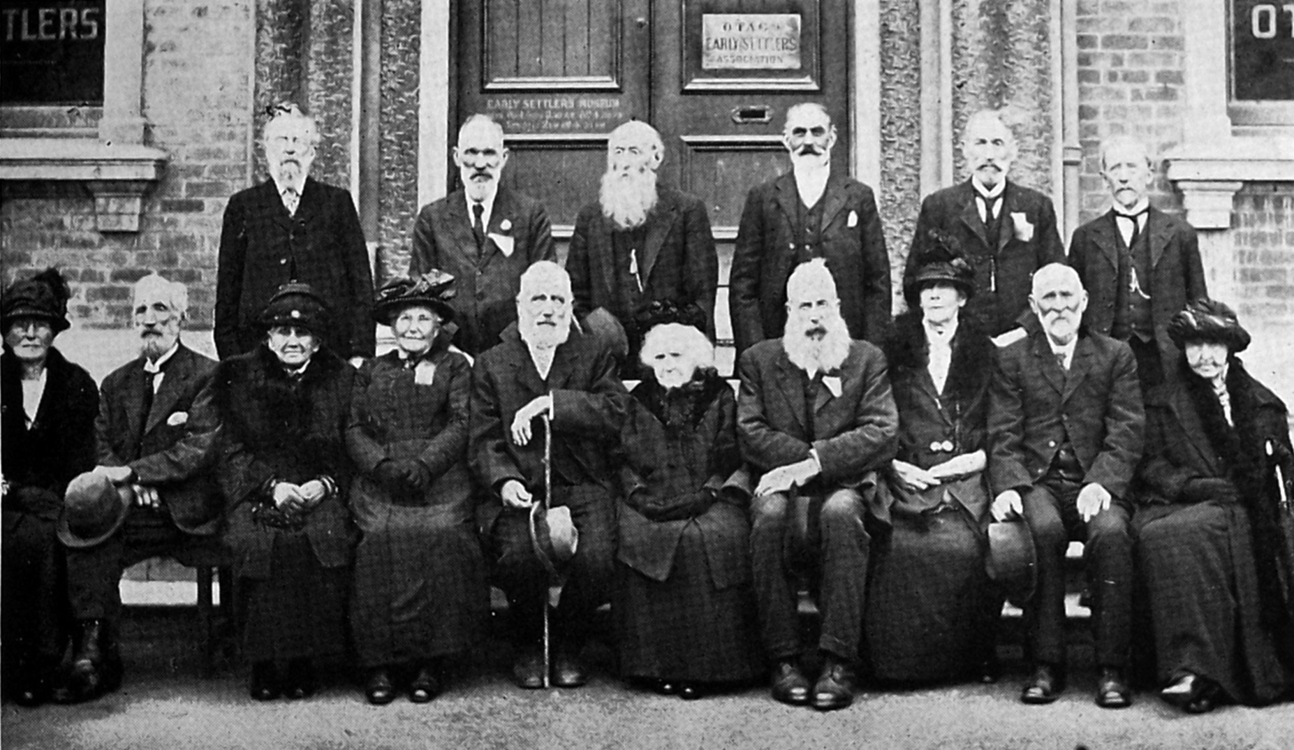 1848-1853 arrivals pose at Early Settlers' Hall, Dunedin on Otago Anniversary Day. Back row:...