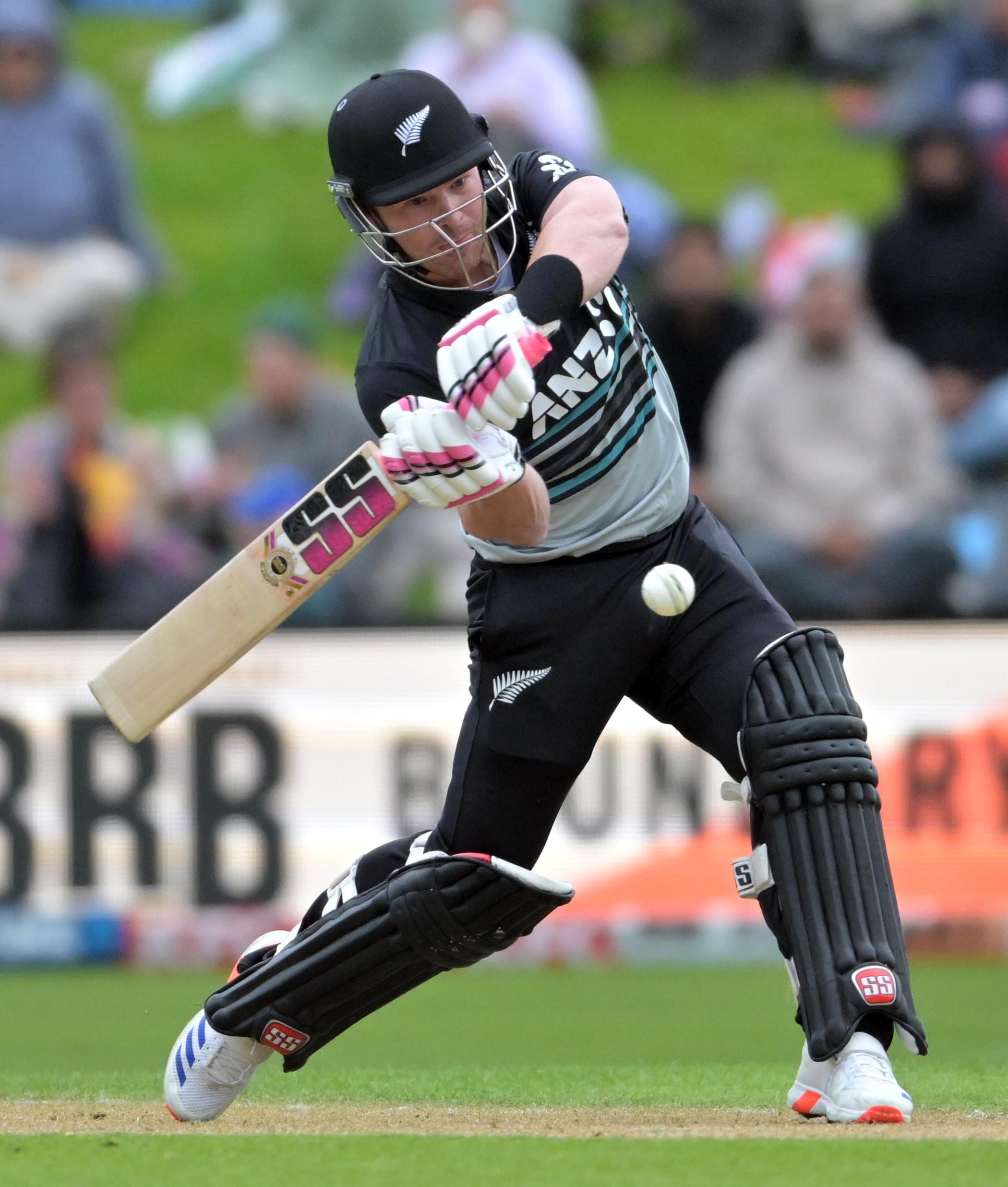 Black Caps top-scorer Tim Seifert hits off the front foot during the home side’s win over...