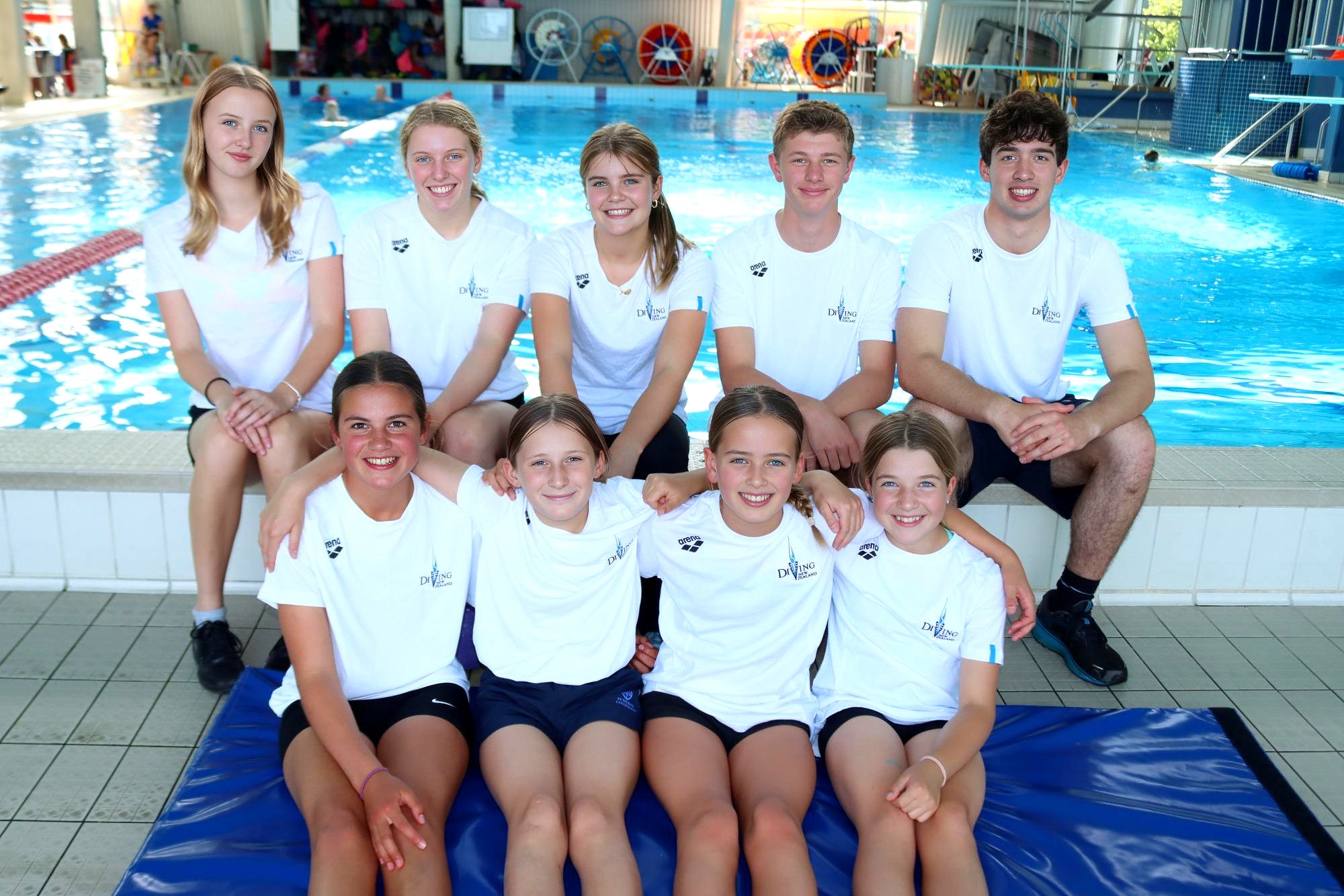 Getting ready to compete overseas are Diving Ōtākou members (back row from left) Lyvia Nilsen, 17...