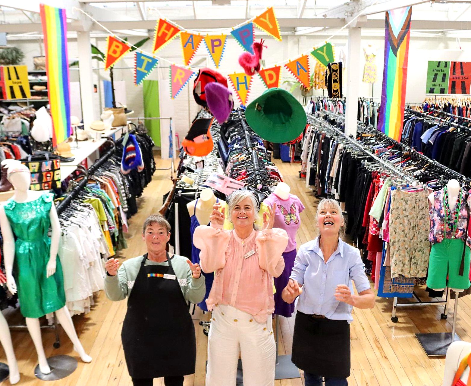 Celebrating five years of the Vogel St Hospice Shop are (from left) volunteer Tracey Penty,...