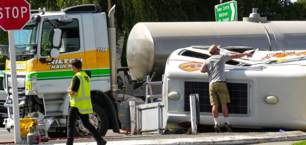 A campervan was hit by a milk tanker while turning on SH1 at Rakaia on Monday. PHOTO: NZ...