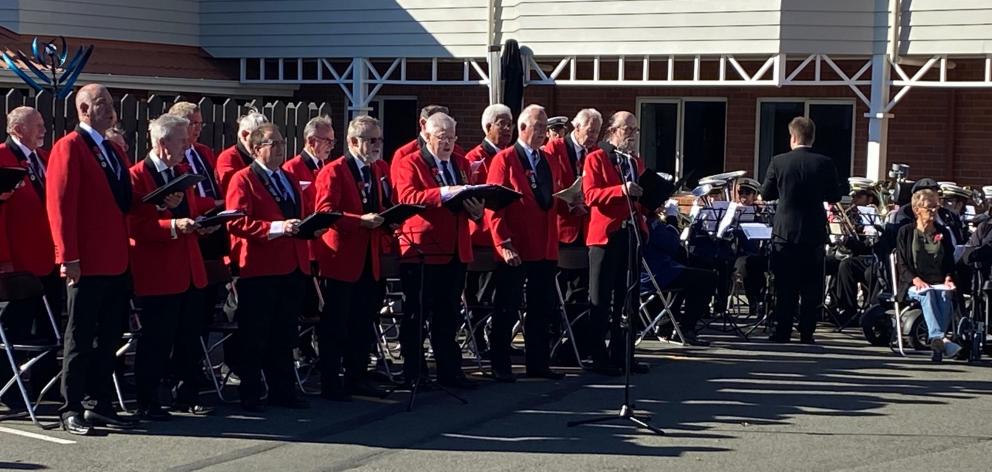 The Dunedin RSA Choir leads the singing during the Anzac Day service at Montecillo, during a busy...