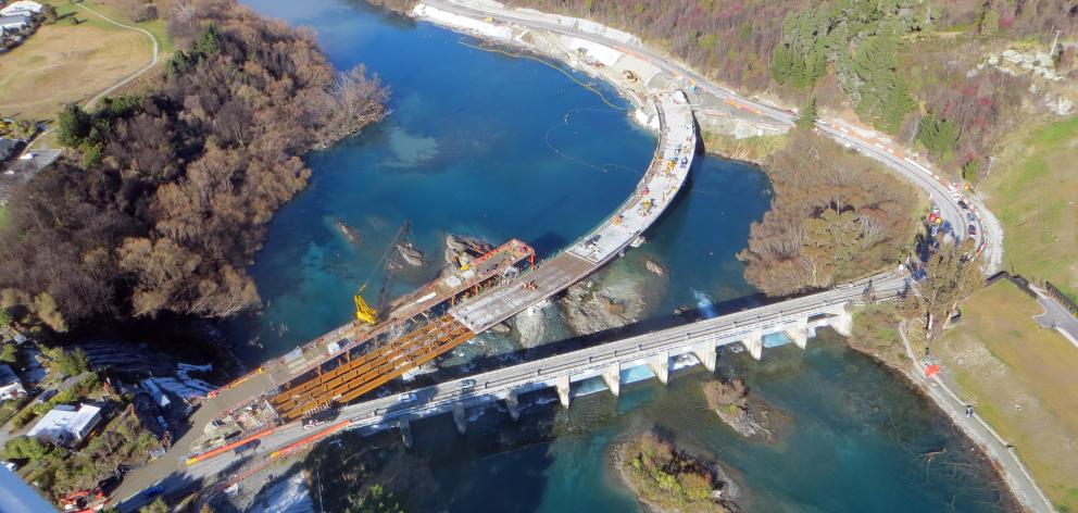 An aerial photo of the Kawarau Falls bridge replacement project, near Queenstown, taken on Friday...