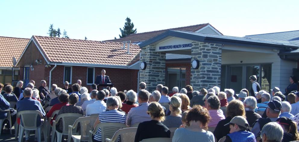 Clark addresses Ranfurly residents yesterday at the opening of Maniototo's revamped medical...