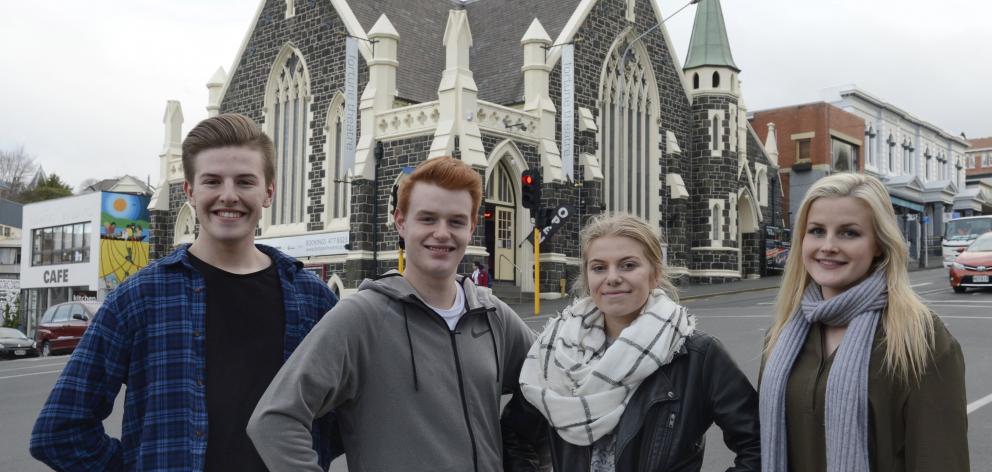 Rose Pickard (third from left) and Sophie Morris with Bryn Monk (left) and Nic Laughton outside the  Fortune Theatre in 2017 after being named  Fortune Theatre Emerging Artist Scholarship recipients. Photo: Gerard O'Brien