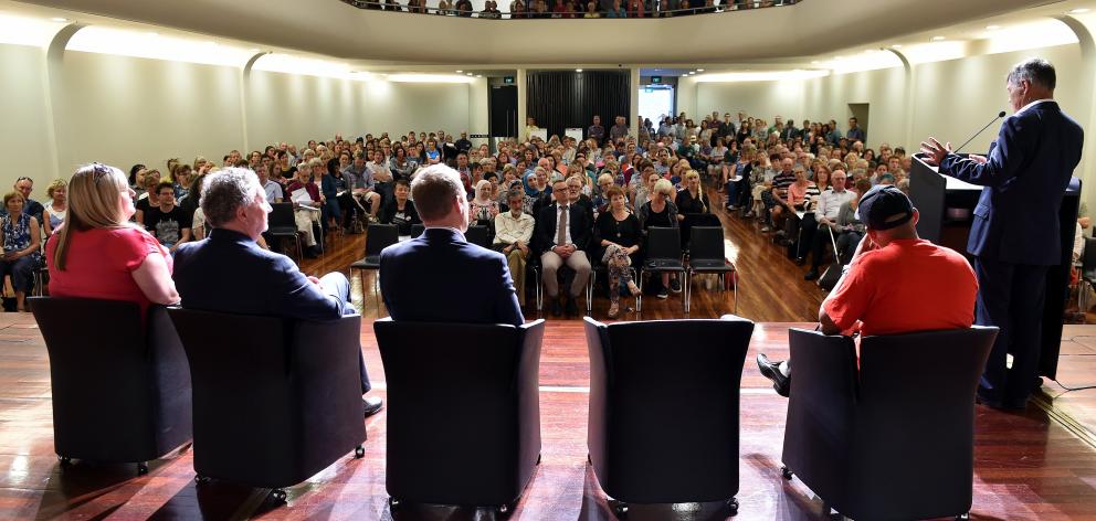 Dunedin Mayor Dave Cull speaks to a 250-strong crowd in the Glenroy Auditorium in 2016 about the...