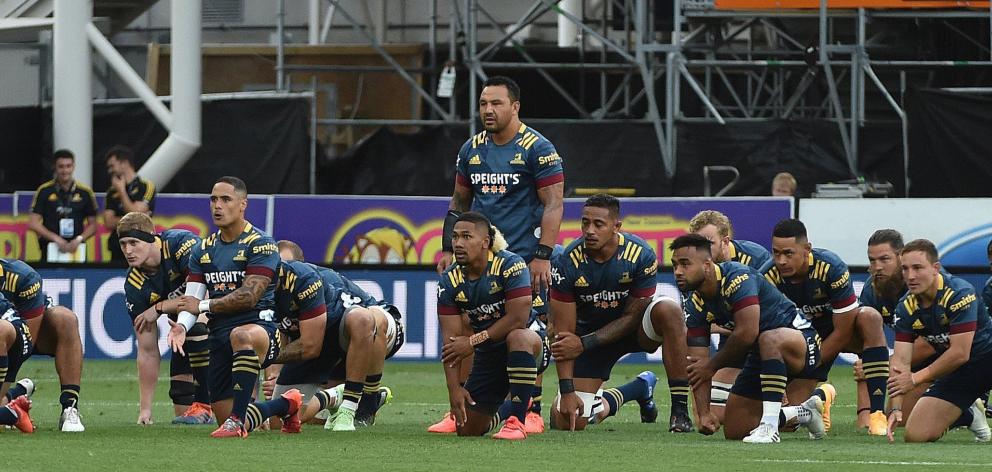 The Highlanders perform the Hautoa Kia Toa haka at Forsyth Barr Stadium in Dunedin last Friday...