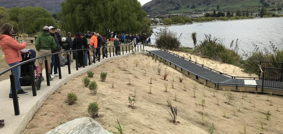 The public stroll beside Lake Wanaka's nesting grebes at the opening of the new lakefront walkway...