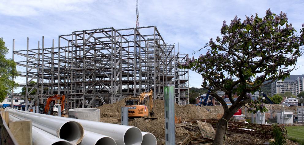 Most of the heavy structural steel is now in place on the Te Rangihiroa College construction site in Dunedin. Photo: Gerard O'Brien