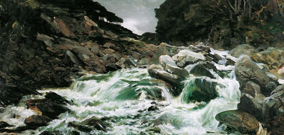 Petrus van der Velden (Dutch/New Zealand, b.1837, d.1913). A waterfall in the Otira Gorge (1891),...