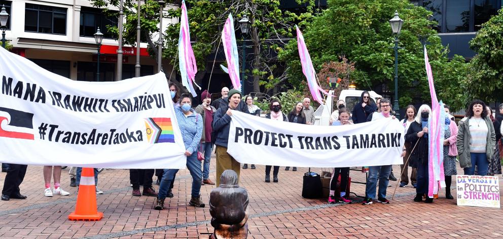 A protest against Hannah Tamaki's visit to Dunedin in Princes St today. Photo: Peter McIntosh 