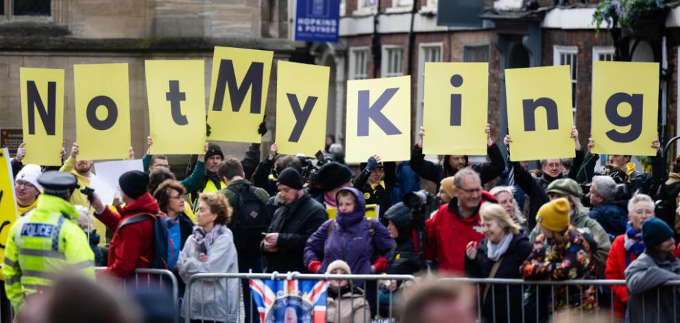 Protesters turned out for the visit of King Charles III and Camilla, Queen Consort to the Royal...