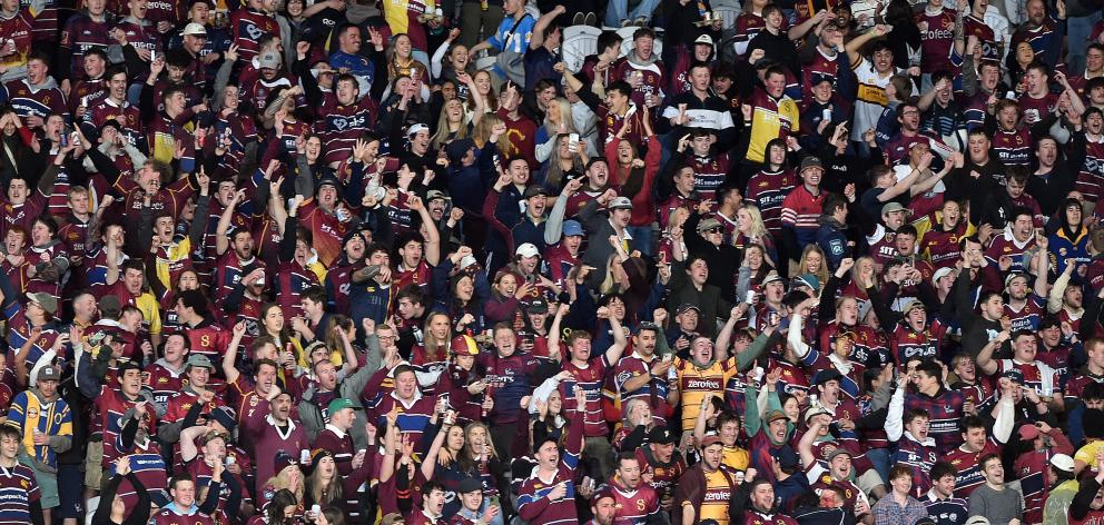 Southland fans celebrate a Stags try at Forsyth Barr Stadium on Saturday. 