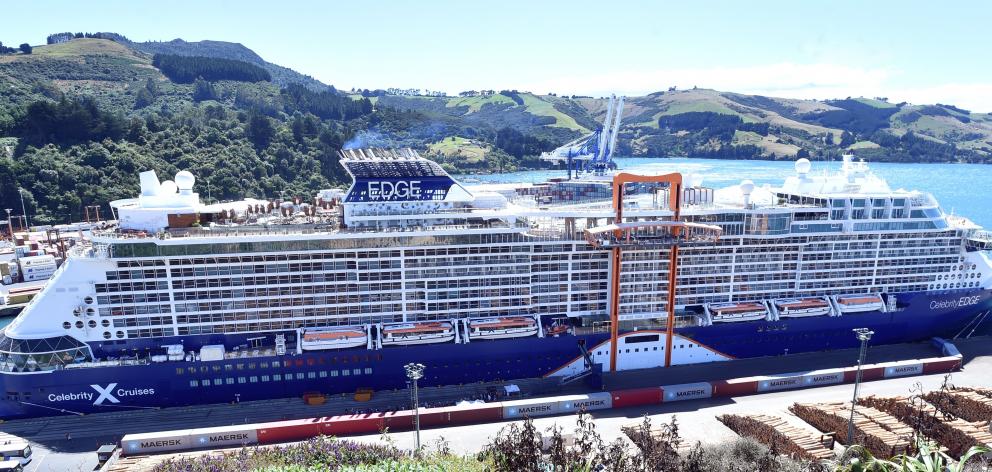 The 306m Celebrity Edge docks at the Beach St wharf in Port Chalmers yesterday as Dunedin’s...