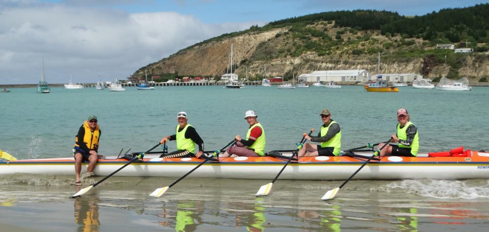 Arriving in Friendly Bay last week are Rowing for Life Aotearoa crew members (from left) coxswain...