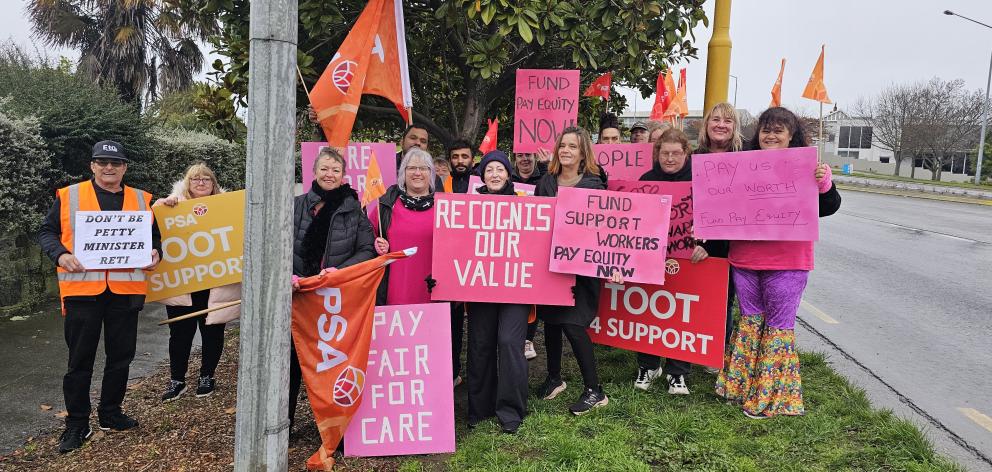 South Canterbury community support workers come together to rally for pay equity. PHOTOS: CONNOR...