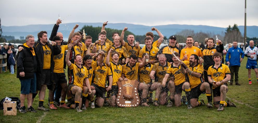 Upper Clutha celebrate their 29-13 win over Clutha Valley in the Otago Countrywide final. PHOTO:...