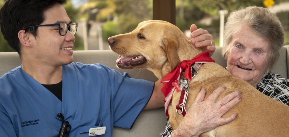 Frosty with a patient and registered nurse Michael Reamico. PHOTO: HEALTH NEW ZEALAND | Te Whatu...