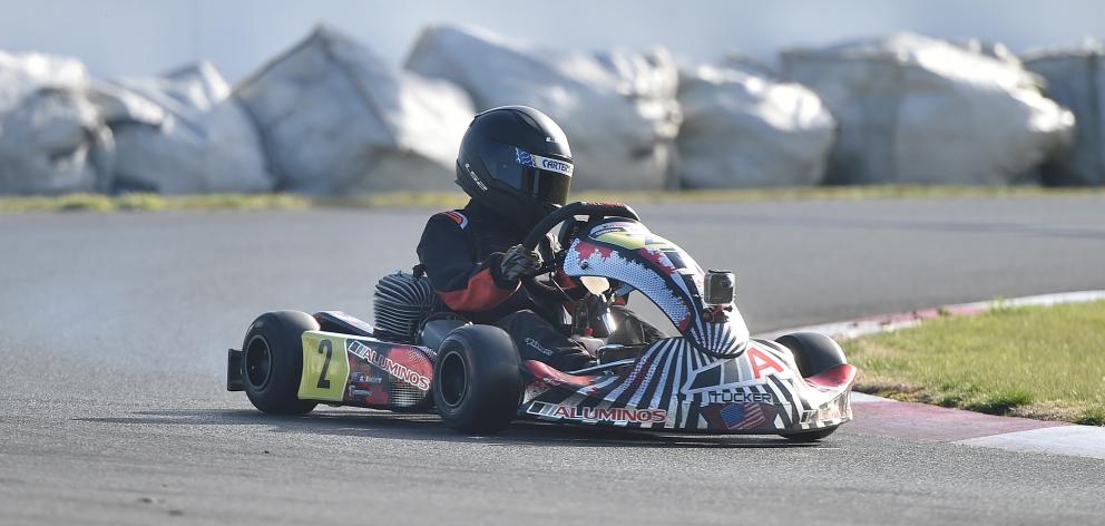 Wānaka kart racer George Tucker takes a corner at the Kartsport Dunedin August Open Day on Sunday...