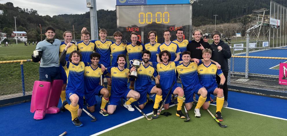 The Taieri Tuataras celebrate their victory in the Otago premier men’s hockey final at the...