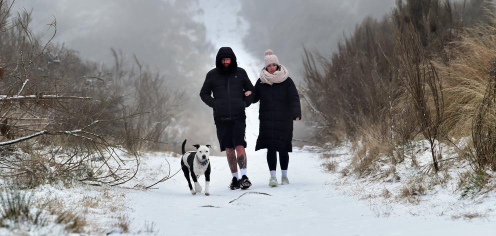 Rocky, the dog, takes a walk in the snow with Billey and Yolanda Page-Smith at Flagstaff, above...