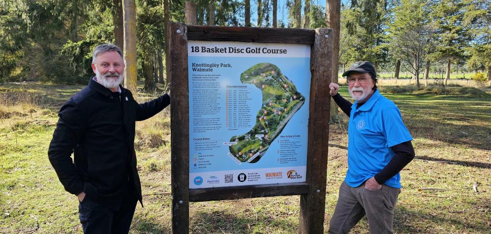 Working hard to grow the sport in the region are Waimate Disc Golf Club president Dylan Murray ...