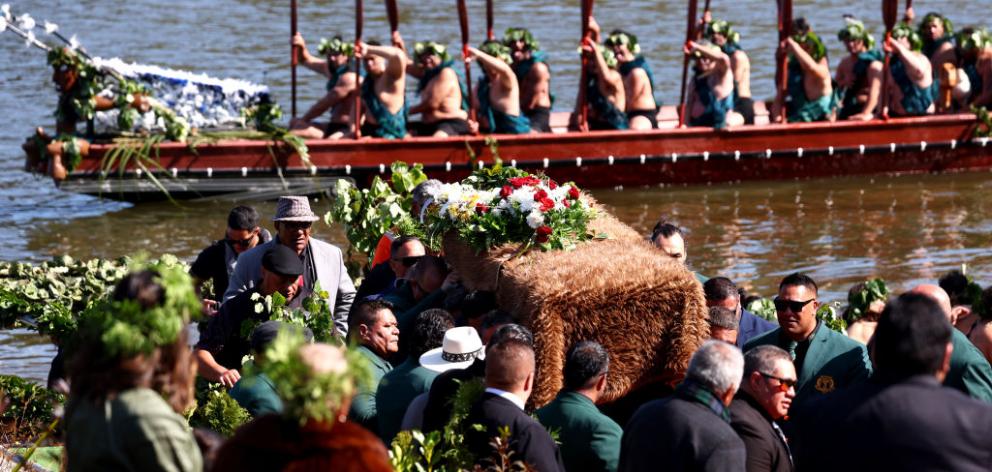 Maori King Tuheitia Pootatau Te Wherowhero VII is carried up Taupiri Maunga during his tangi in...