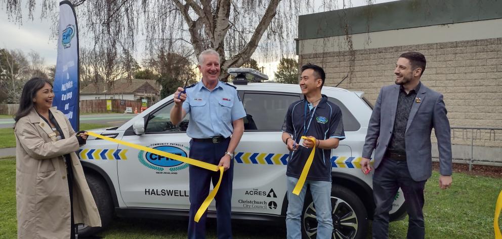 Halswell-Hornby-Riccarton Community Board chair Marie Pollisco, police officer Roy Appley,...