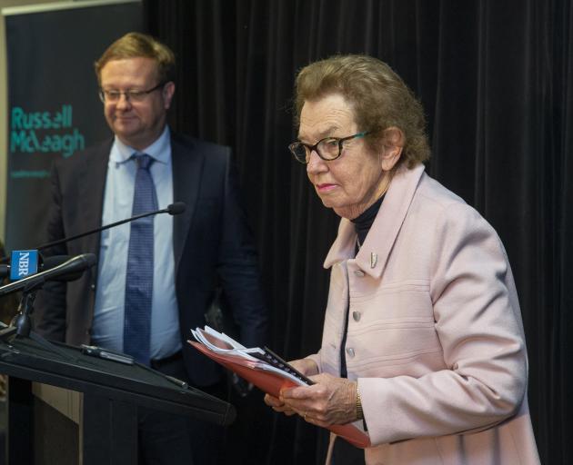 Dame Margaret Bazley and Russell McVeagh chairman Malcolm Crotty after the release of the...