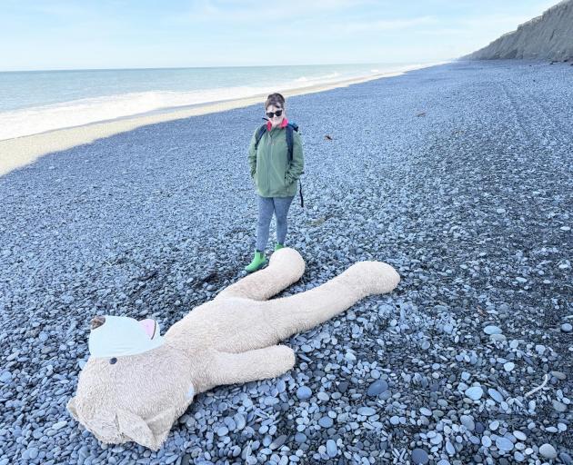 Samantha Cooper with the giant teddy bear on Pendarves beach. Photo: Supplied