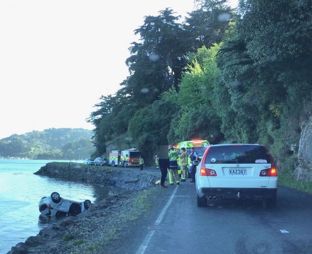 Emergency services at the scene of the crash on Aramoana Rd. Photo: Supplied