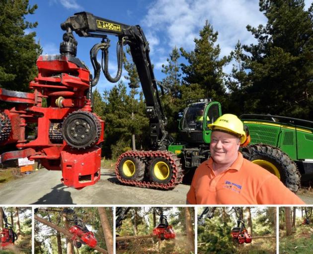 Mike Hurring in the Rankleburn Forest near Clydevale with his $1 million John Deere harvester, which is able to (bottom, from left) fell a tree, lower it to the forest floor, and de-limb  the trunk as it cuts logs to transportable lengths. Finished cut lo