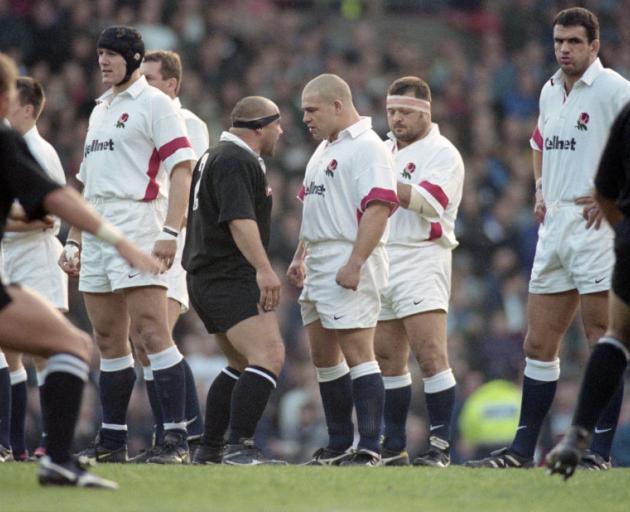 Richard Cockerill of England confronts Norm Hewitt during the haka in 1997 in Manchester. Photo:...