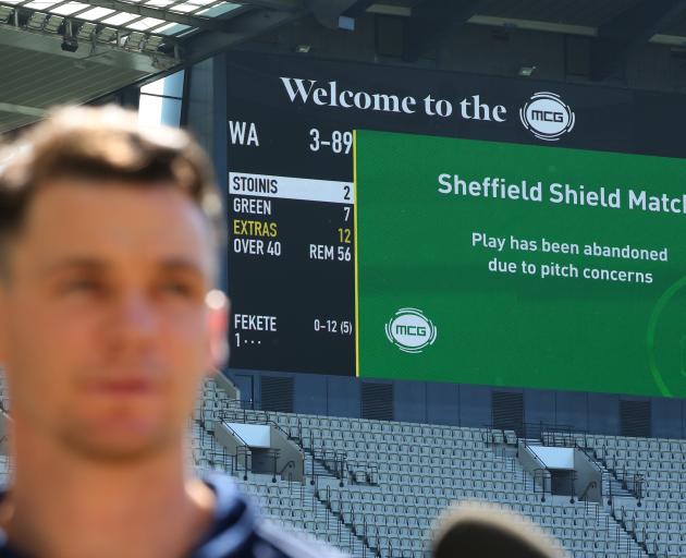 Peter Handscomb of Victoria speaks to the media as play is abandoned due to an unsafe pitch,...