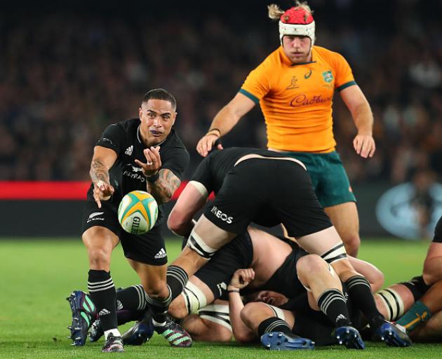 Aaron Smith feeds the All Blacks' backline during The Rugby Championship and Bledisloe Cup match...