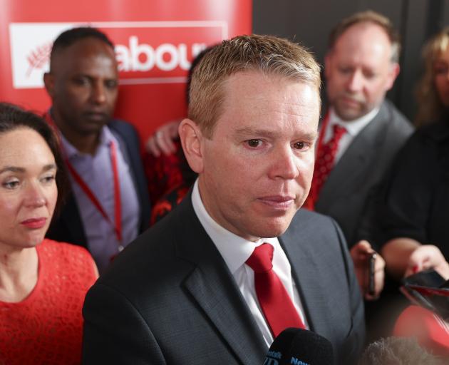 Labour leader Chris Hipkins speaks to media during a Labour Party election night event at Lower...