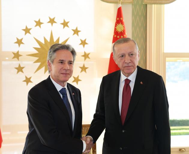 US Secretary of State Anthony Blinken and Turkish President Recep Tayyip Erdogan at a meeting in...