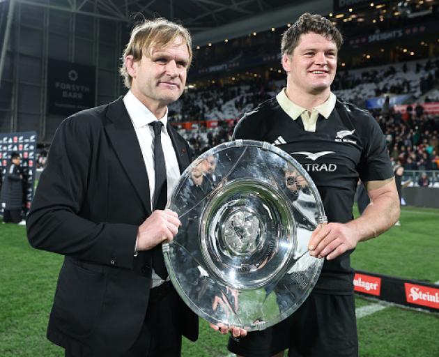 Scott Robertson and All Blacks captain Scott Barrett after the England game. Photo: Getty Images